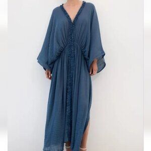 ZARA Cotton Kaftan Blue Dolman Sleeve Crinke Texture Oversize Ruffle Size Small